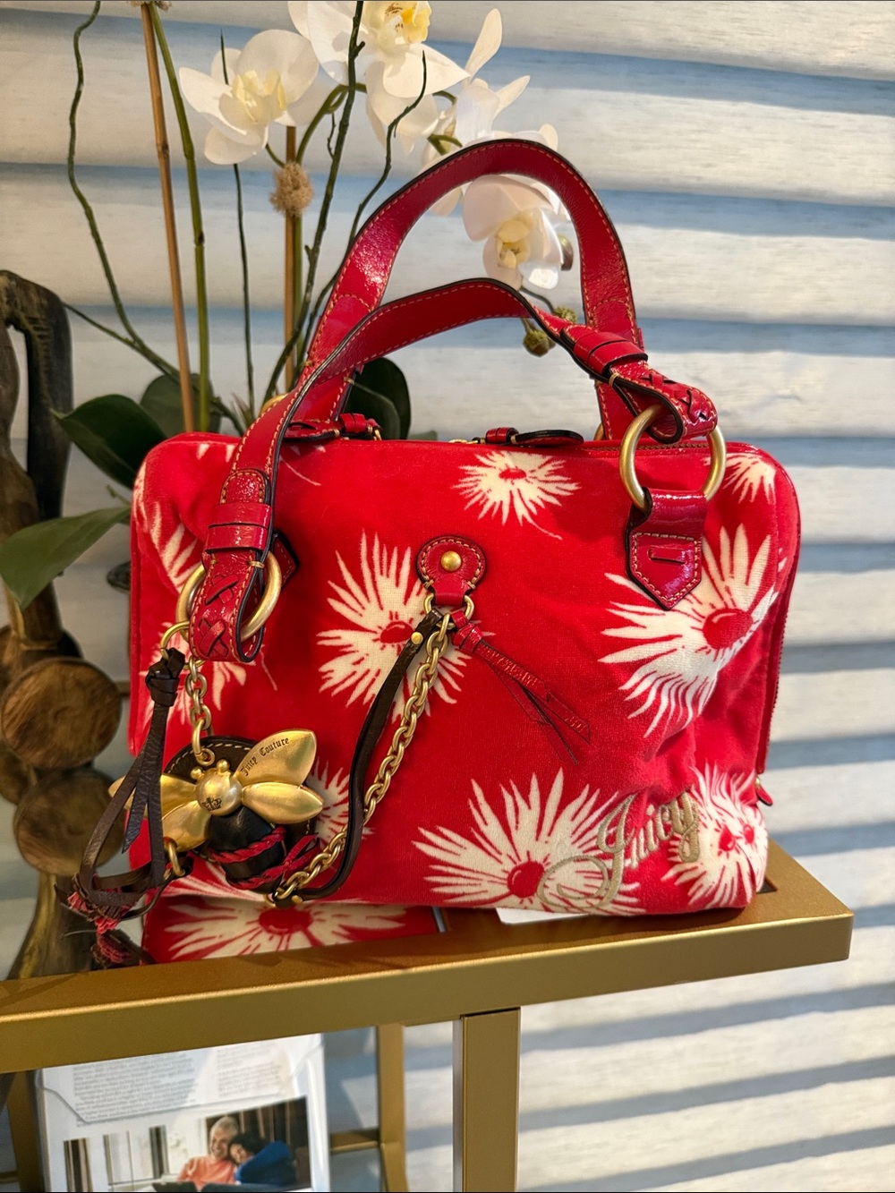 Juicy Couture Red Floral Satchel with Gold Charm